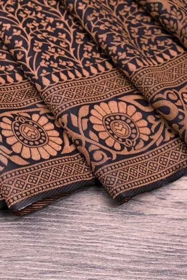 Black Copper Zari Brocade Banarasi Soft Silk Saree with Medallion Motif Border and Pallu  in Surat