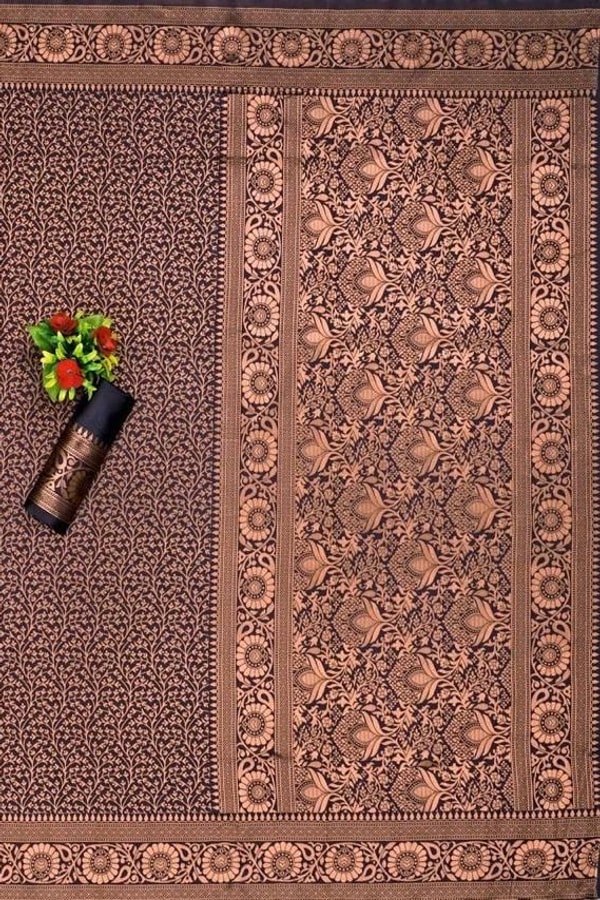 Black Copper Zari Brocade Banarasi Soft Silk Saree with Medallion Motif Border and Pallu  in Surat