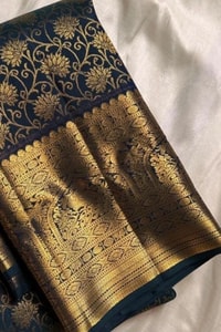 Black Green Banarasi Soft Silk Saree with Gold Zari Floral Jaal and Temple Motif Border  in Surat