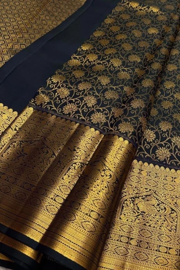 Black Green Banarasi Soft Silk Saree with Gold Zari Floral Jaal and Temple Motif Border  in Surat