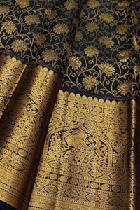 Black Green Banarasi Soft Silk Saree with Gold Zari Floral Jaal and Temple Motif Border  in Surat