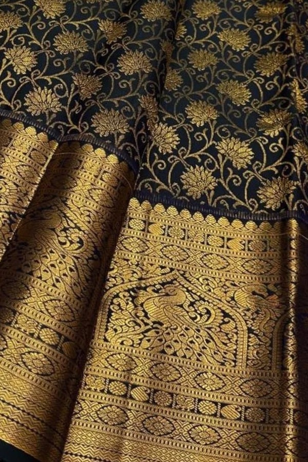 Black Green Banarasi Soft Silk Saree with Gold Zari Floral Jaal and Temple Motif Border  in Surat