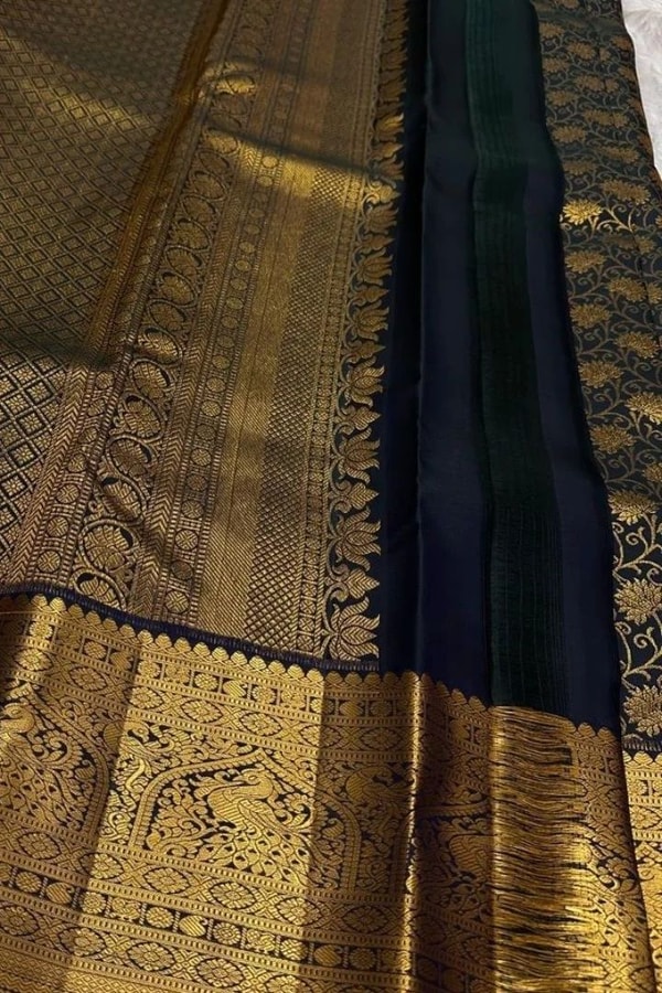 Black Green Banarasi Soft Silk Saree with Gold Zari Floral Jaal and Temple Motif Border  in Surat