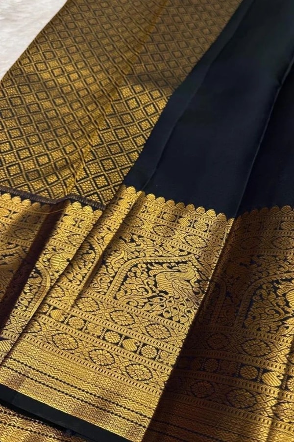 Black Green Banarasi Soft Silk Saree with Gold Zari Floral Jaal and Temple Motif Border  in Surat