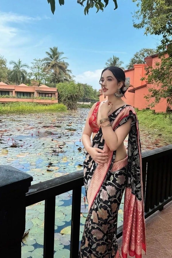Black Lotus Floral Banarasi Soft Silk Saree with Red Chevron Pallu  in Surat