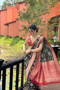 Black Lotus Floral Banarasi Soft Silk Saree with Red Chevron Pallu  in Surat