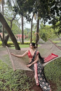 Black Lotus Floral Banarasi Soft Silk Saree with Red Chevron Pallu  in Surat