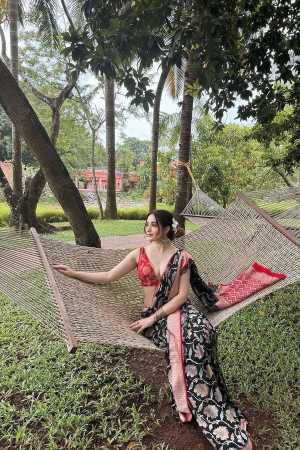 Black Lotus Floral Banarasi Soft Silk Saree with Red Chevron Pallu  in Surat