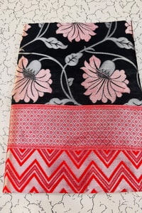 Black Lotus Floral Banarasi Soft Silk Saree with Red Chevron Pallu  in Surat
