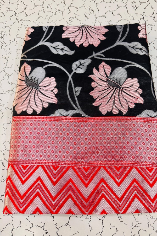 Black Lotus Floral Banarasi Soft Silk Saree with Red Chevron Pallu  in Surat