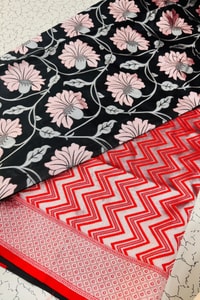 Black Lotus Floral Banarasi Soft Silk Saree with Red Chevron Pallu  in Surat