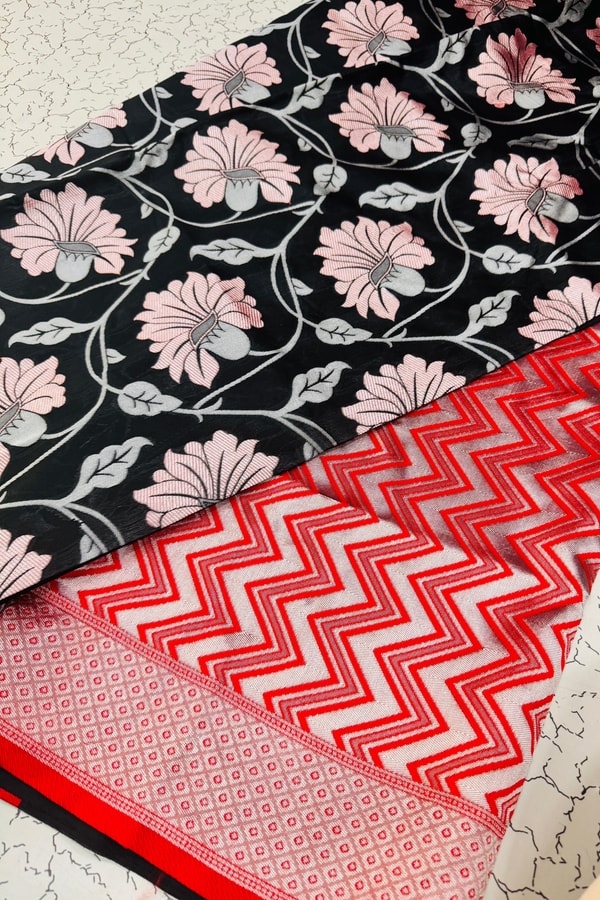 Black Lotus Floral Banarasi Soft Silk Saree with Red Chevron Pallu  in Surat