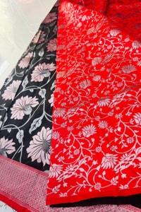 Black Lotus Floral Banarasi Soft Silk Saree with Red Chevron Pallu  in Surat