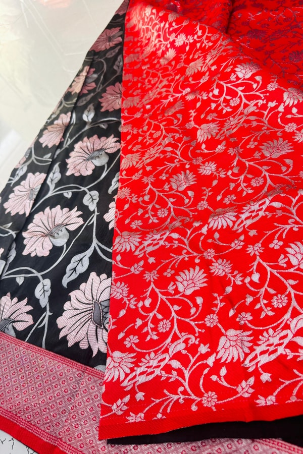Black Lotus Floral Banarasi Soft Silk Saree with Red Chevron Pallu  in Surat