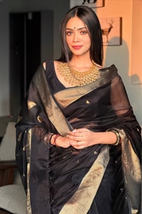 Black Saree with Antique Gold Zari Border, Small Buttis and Sheer Tissue-Look Pallu  in Surat
