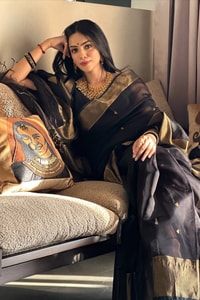 Black Saree with Antique Gold Zari Border, Small Buttis and Sheer Tissue-Look Pallu  in Surat
