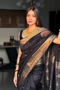 Black Saree with Antique Gold Zari Border, Small Buttis and Sheer Tissue-Look Pallu  in Surat