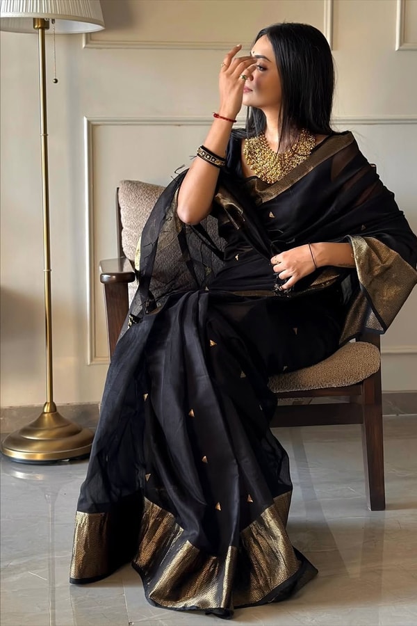 Black Saree with Antique Gold Zari Border, Small Buttis and Sheer Tissue-Look Pallu  in Surat