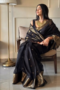 Black Saree with Antique Gold Zari Border, Small Buttis and Sheer Tissue-Look Pallu  in Surat