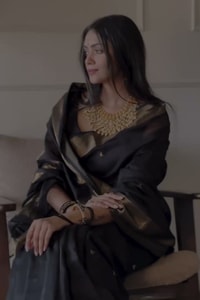 Black Saree with Antique Gold Zari Border, Small Buttis and Sheer Tissue-Look Pallu  in Surat video 1