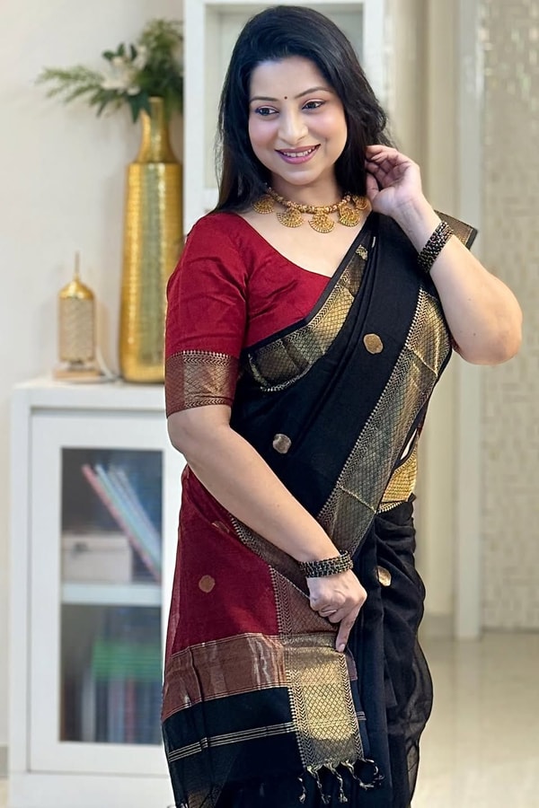 Black Saree with Gold Zari Border and Red Striped Contrast Pallu in a Classic Look  in Surat