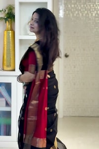 Black Saree with Gold Zari Border and Red Striped Contrast Pallu in a Classic Look  in Surat video 1