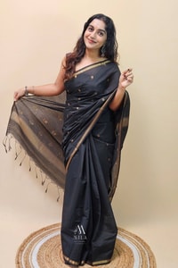 Black Saree with Gold Zari Buttis, Thin Gold Border and Tasselled Zari Pallu  in Surat
