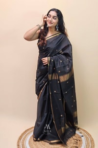 Black Saree with Gold Zari Buttis, Thin Gold Border and Tasselled Zari Pallu  in Surat