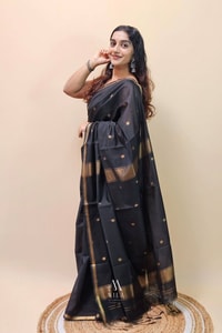 Black Saree with Gold Zari Buttis, Thin Gold Border and Tasselled Zari Pallu  in Surat
