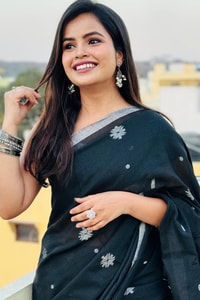Black Saree with Silver Star Buttis and Silver Stripe Border for Minimal Festive Style  in Surat