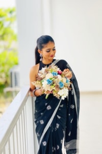 Black Saree with Silver Star Buttis and Silver Stripe Border for Minimal Festive Style  in Surat