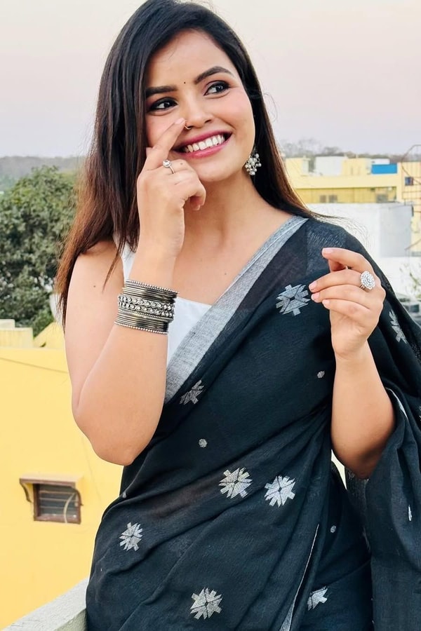 Black Saree with Silver Star Buttis and Silver Stripe Border for Minimal Festive Style  in Surat