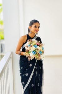 Black Saree with Silver Star Buttis and Silver Stripe Border for Minimal Festive Style  in Surat