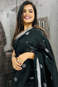 Black Saree with Silver Star Buttis and Silver Stripe Border for Minimal Festive Style  in Surat