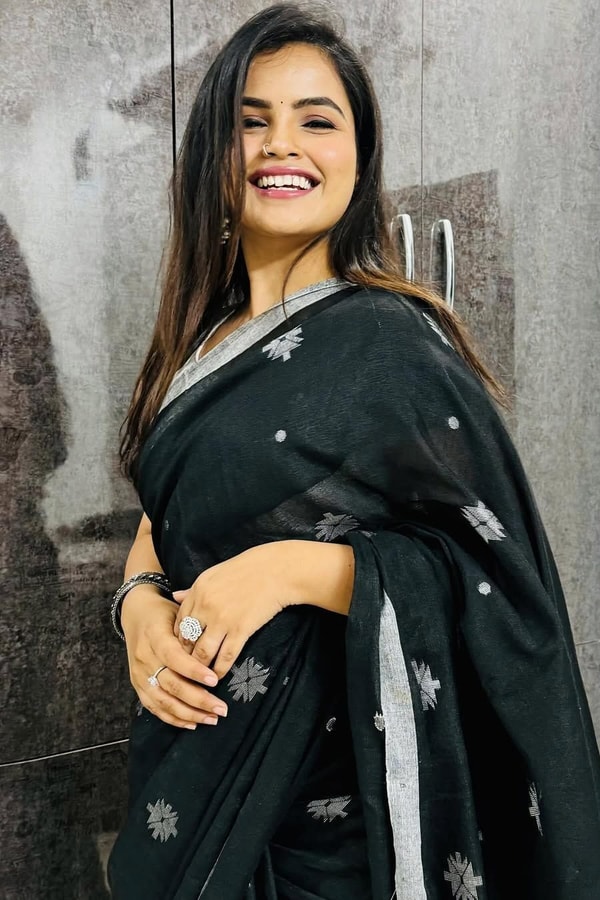 Black Saree with Silver Star Buttis and Silver Stripe Border for Minimal Festive Style  in Surat
