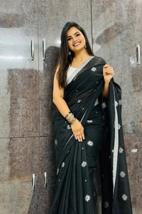 Black Saree with Silver Star Buttis and Silver Stripe Border for Minimal Festive Style  in Surat