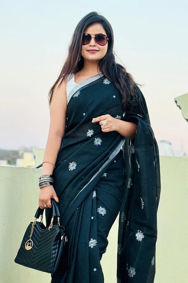 Black Saree with Silver Star Buttis and Silver Stripe Border for Minimal Festive Style  in Surat