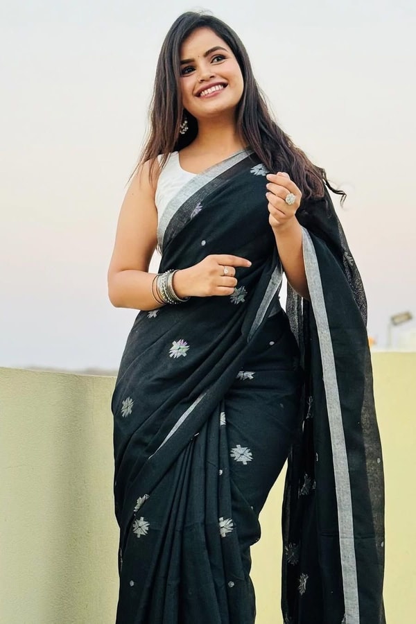 Black Saree with Silver Star Buttis and Silver Stripe Border for Minimal Festive Style  in Surat