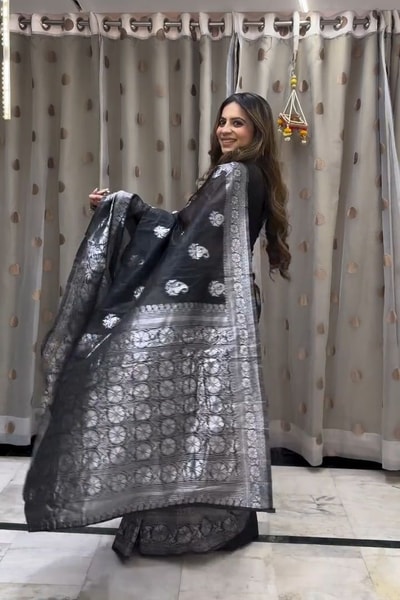 Black Saree with Silver Zari Paisley Buttas and Rich Silver Woven Pallu in Surat