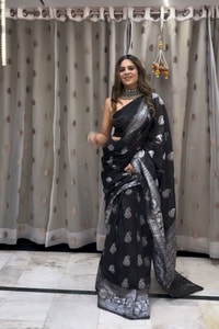 Black Saree with Silver Zari Paisley Buttas and Rich Silver Woven Pallu  in Surat