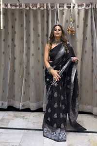 Black Saree with Silver Zari Paisley Buttas and Rich Silver Woven Pallu  in Surat