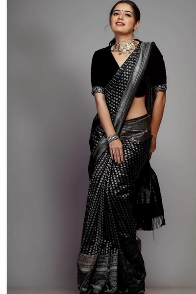 Black Soft Lichi Silk Saree with Silver Zari Geometric Weave and Jacquard Pallu in Surat