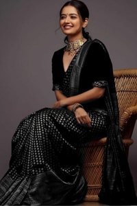 Black Soft Lichi Silk Saree with Silver Zari Geometric Weave and Jacquard Pallu  in Surat