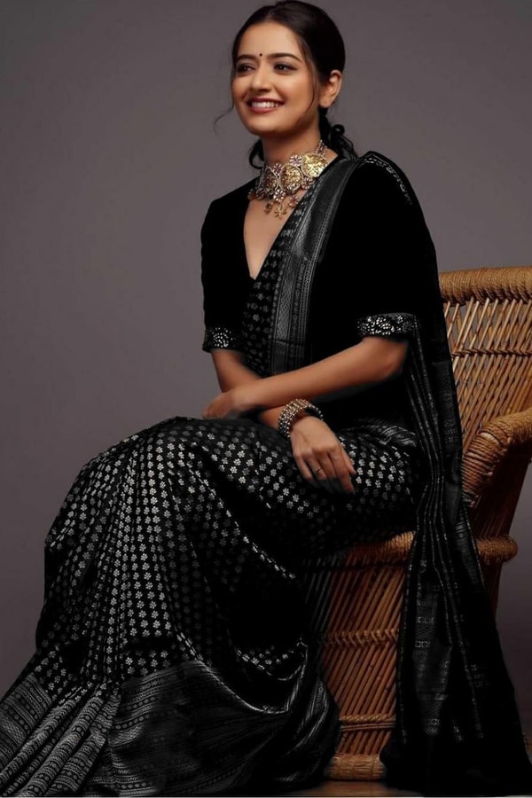 Black Soft Lichi Silk Saree with Silver Zari Geometric Weave and Jacquard Pallu  in Surat