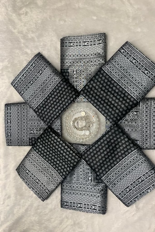 Black Soft Lichi Silk Saree with Silver Zari Geometric Weave and Jacquard Pallu  in Surat