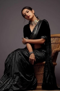 Black Soft Lichi Silk Saree with Silver Zari Geometric Weave and Jacquard Pallu  in Surat