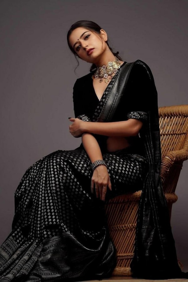 Black Soft Lichi Silk Saree with Silver Zari Geometric Weave and Jacquard Pallu  in Surat
