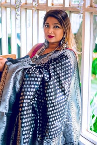 Black Soft Lichi Silk Saree with Silver Zari Geometric Weave and Jacquard Pallu  in Surat