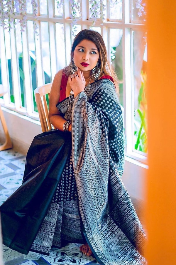 Black Soft Lichi Silk Saree with Silver Zari Geometric Weave and Jacquard Pallu  in Surat