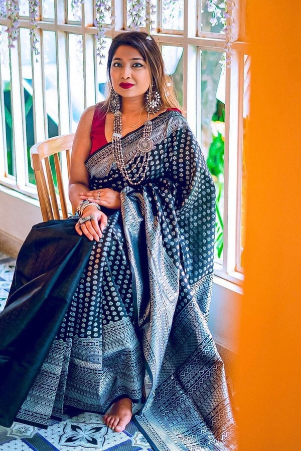 Black Soft Lichi Silk Saree with Silver Zari Geometric Weave and Jacquard Pallu  in Surat